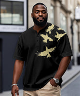 Men's Plus Size Daily Casual Black Bird Print Henry Collar Button Short Sleeve T-Shirt